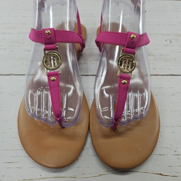 Tommy Hilfiger 8.5 Pink Faux Leather Gold Logo Thong Slingback T-Strap Sandals - Picture 1 of 9